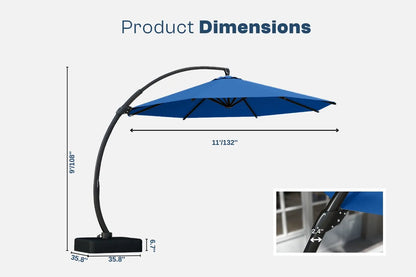 Blue patio umbrella with dimensions displayed on a white background