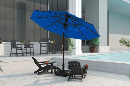 Blue patio umbrella on a stand in an outdoor setting with chairs and tables.