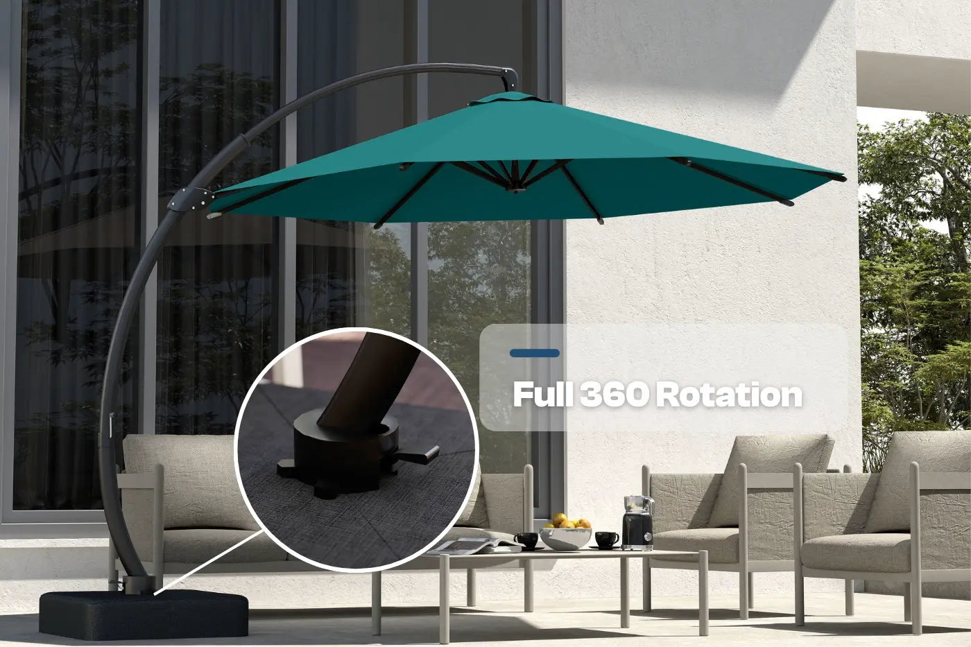 Turquoise patio umbrella with 360-degree rotation feature in an outdoor setting.
