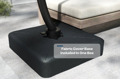 Black fabric cover base with text 'Fabric Cover Base Included In One Box' on a patio setting.
