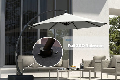 Outdoor patio umbrella with 360-degree rotation feature in a modern outdoor setting.
