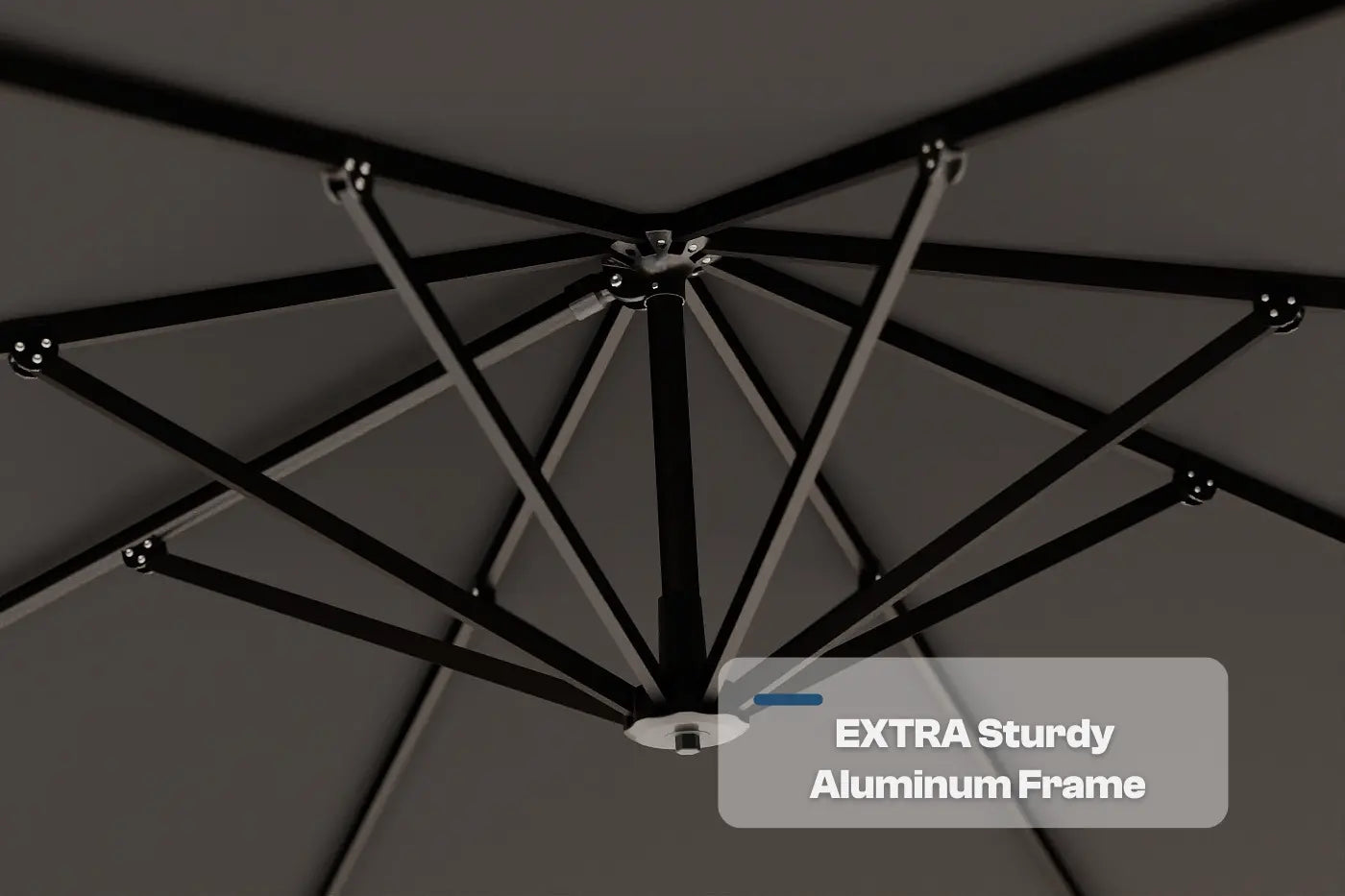 Extra sturdy aluminum frame of a canopy with text label on a dark background