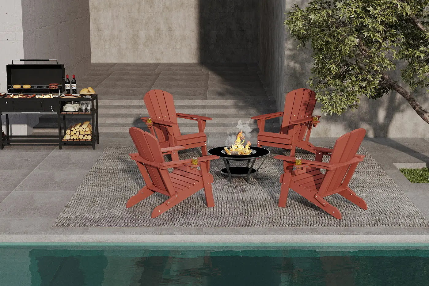 Red Adirondack chairs around a fire pit by a pool with a grill in the background.