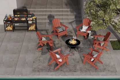 Outdoor patio setup with red Adirondack chairs, grill, and fire pit on a concrete patio.
