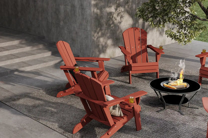 Red Adirondack chairs around a fire pit on a patio