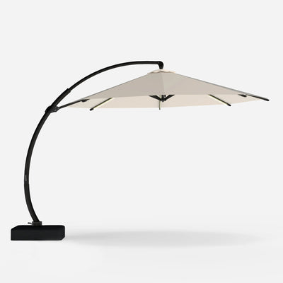 Beige patio umbrella with black curved stand on a white background
