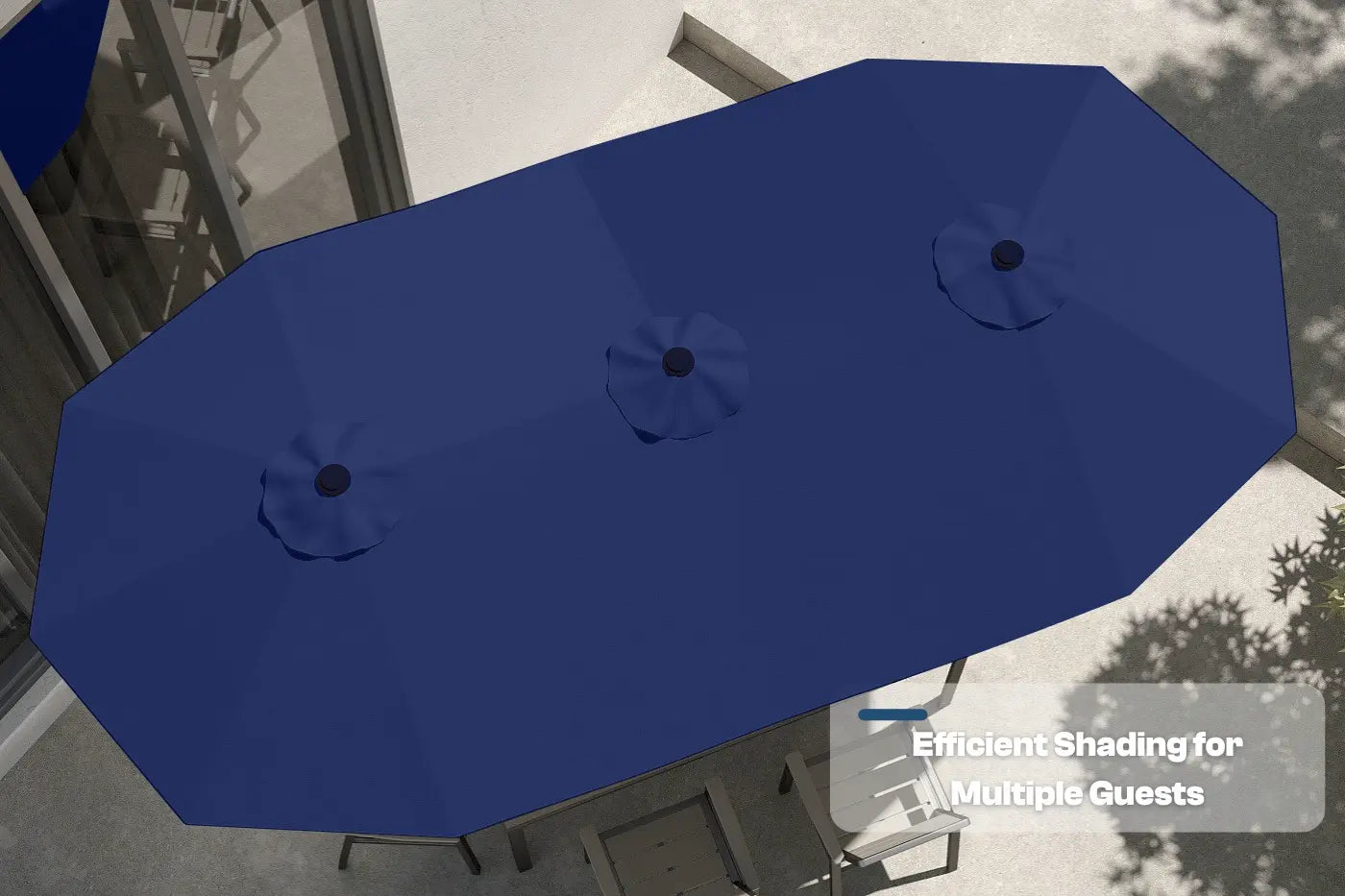 Large blue outdoor umbrella with multiple support points on a patio setting.