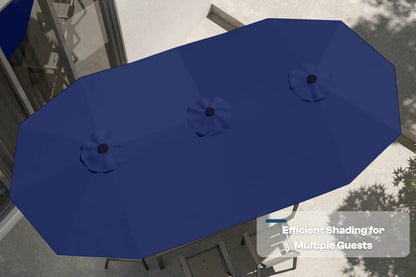 Large blue outdoor umbrella with multiple support points on a patio setting.
