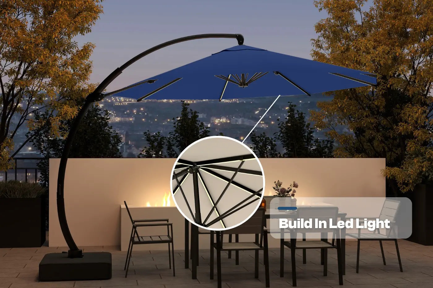 Blue patio umbrella with built-in LED lights in an outdoor setting