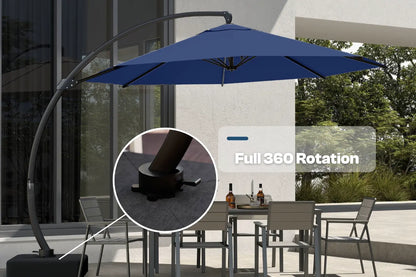 Blue patio umbrella with 360-degree rotation feature on a patio setting.