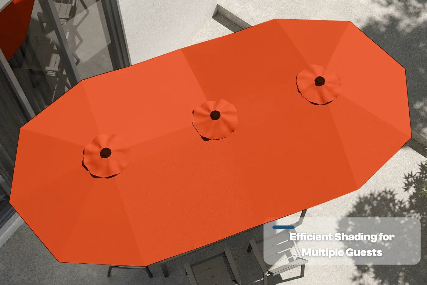 Orange outdoor umbrella with multiple shades on a patio setting