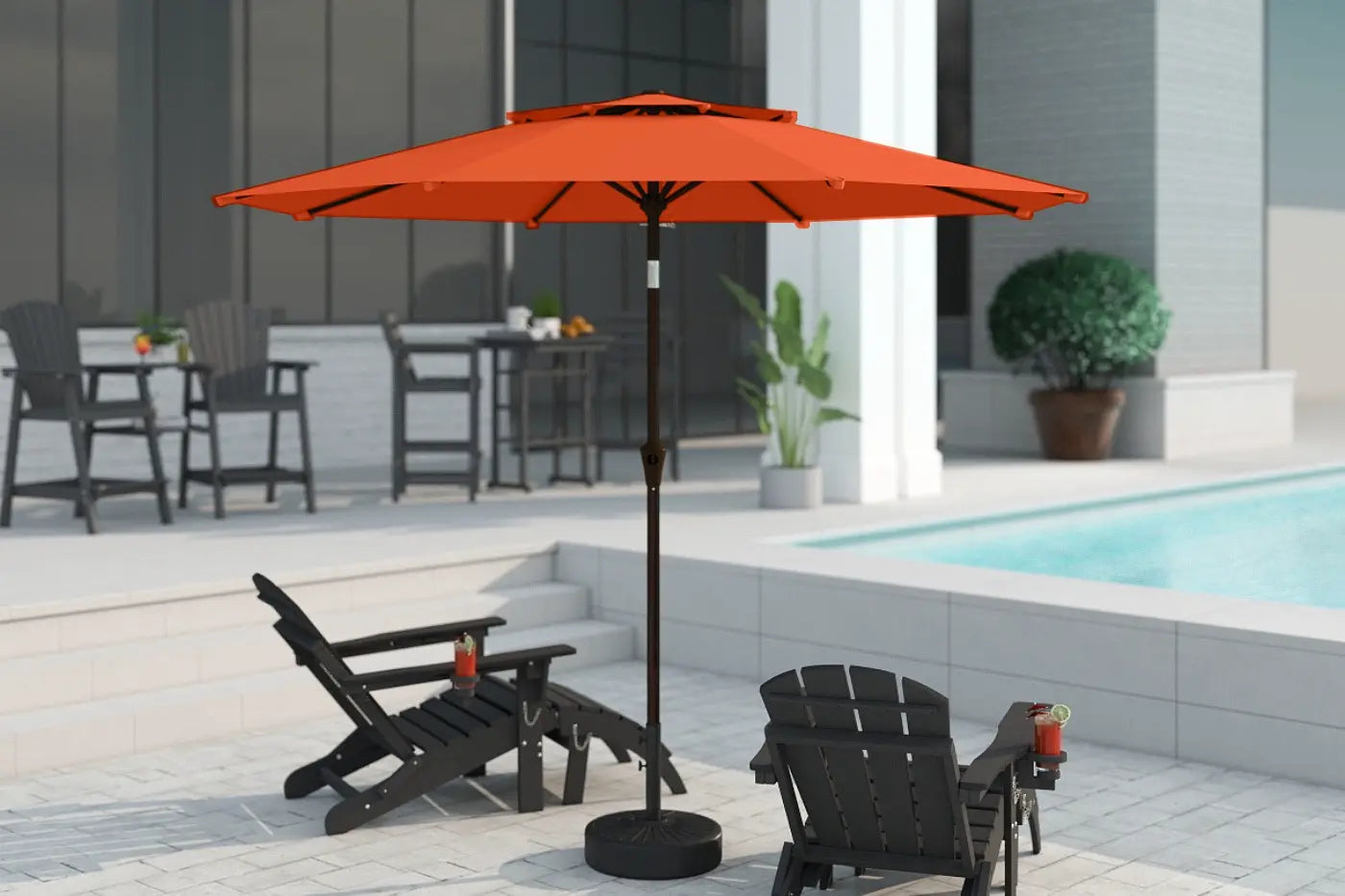 Orange patio umbrella on a stand with lounge chairs and a pool in the background