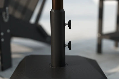 Close-up of a black metal stand with blurred background