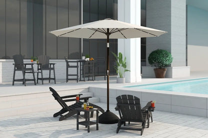 Outdoor patio set with umbrella, chairs, and table near a pool.
