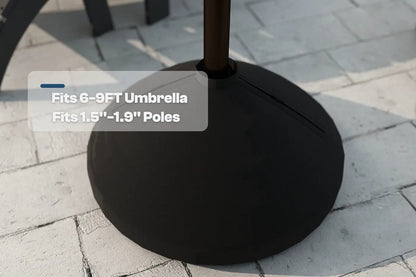 Black umbrella base on a paved surface with text indicating size compatibility.