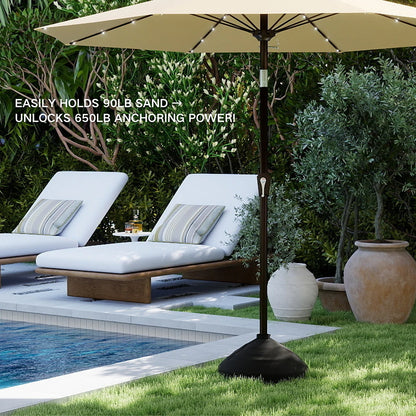 Outdoor umbrella with anchoring system in a garden setting near a pool.