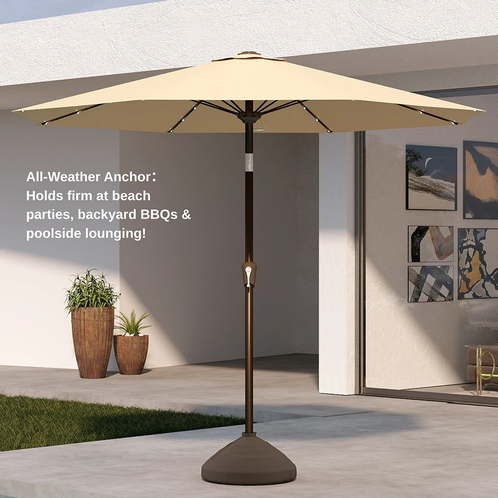 Beige patio umbrella with all-weather anchor on a patio setting