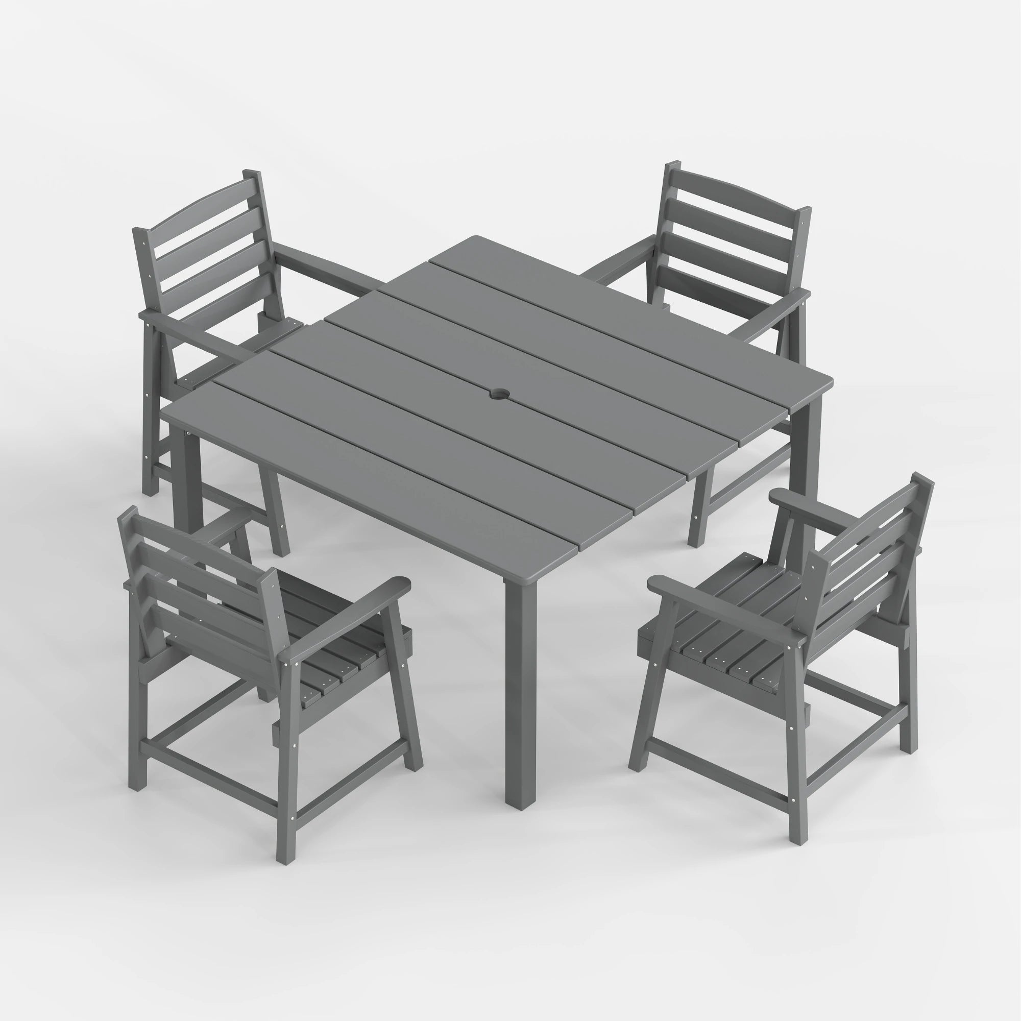 Gray outdoor table with four matching chairs on a white background