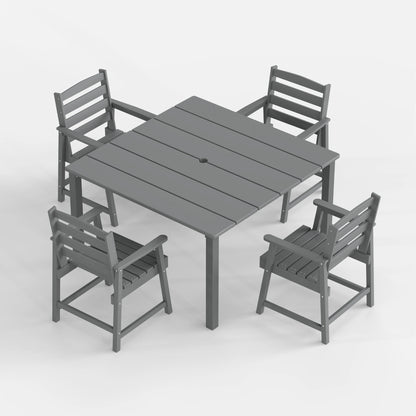 Gray outdoor table with four matching chairs on a white background