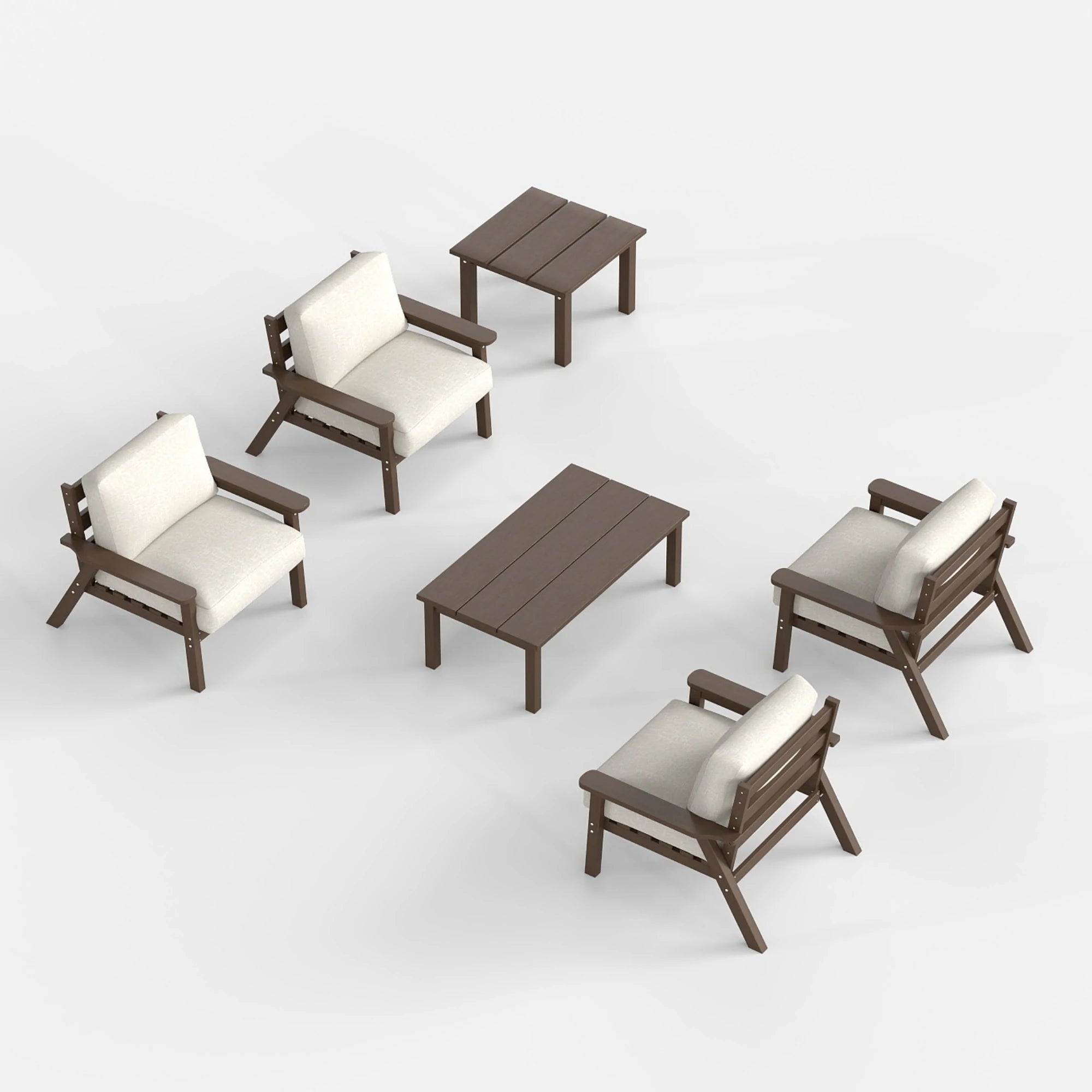 Six-piece outdoor patio furniture set including four armchairs, a coffee table, and a side table, featuring dark brown frames and creamy white cushions on a white background.