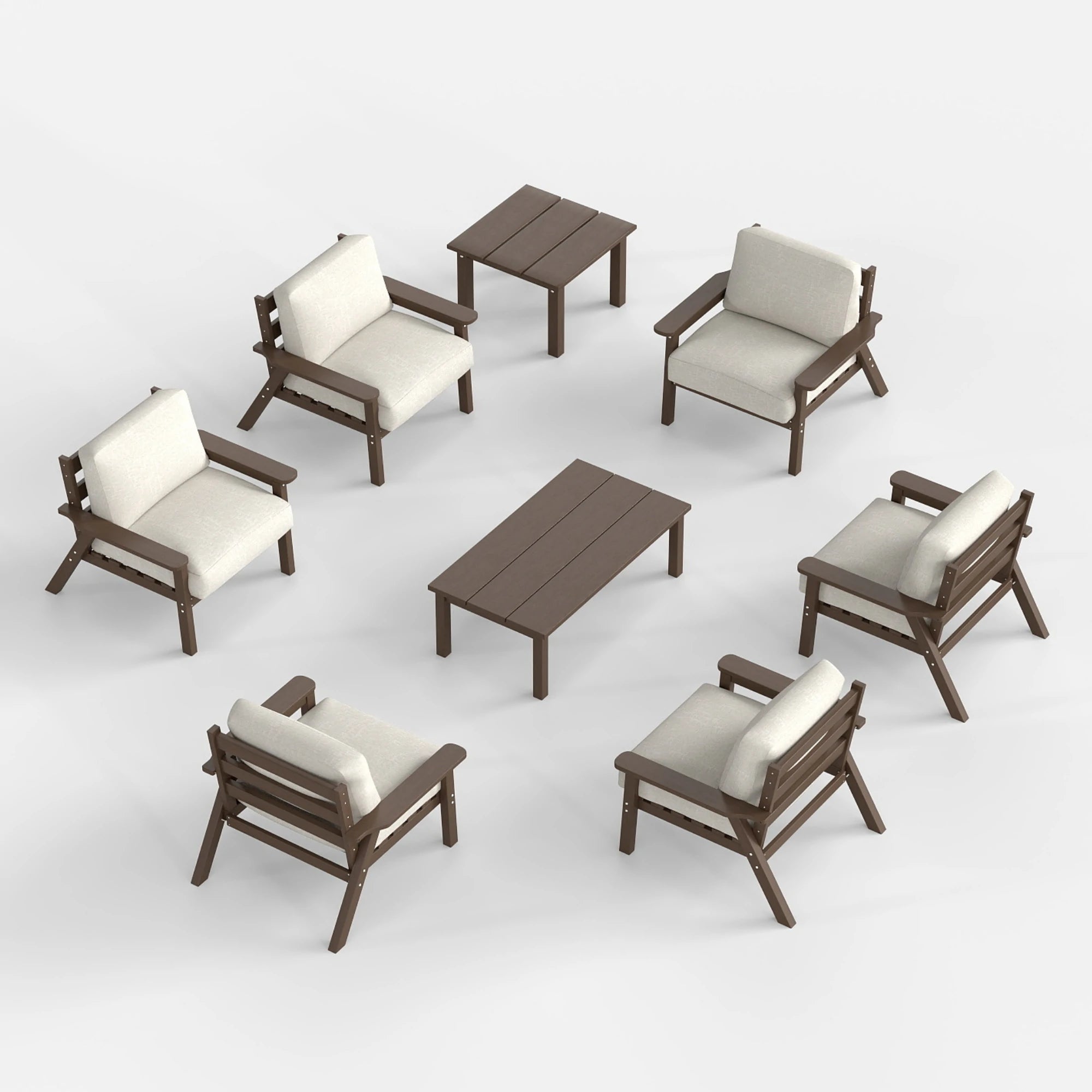 An 8-piece outdoor patio furniture set featuring six armchairs with cream cushions, a rectangular coffee table, and a matching side table, shown on a white background.