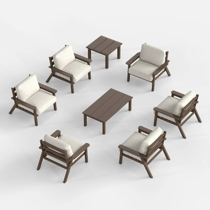 An 8-piece outdoor patio furniture set featuring six armchairs with cream cushions, a rectangular coffee table, and a matching side table, shown on a white background.