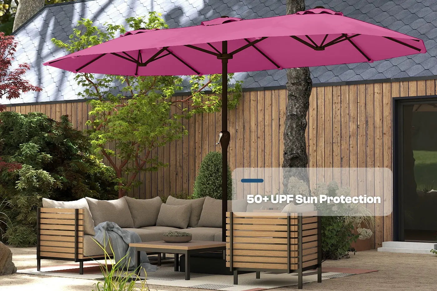 Pink patio umbrella over outdoor furniture set with '50+ UPF Sun Protection' text.