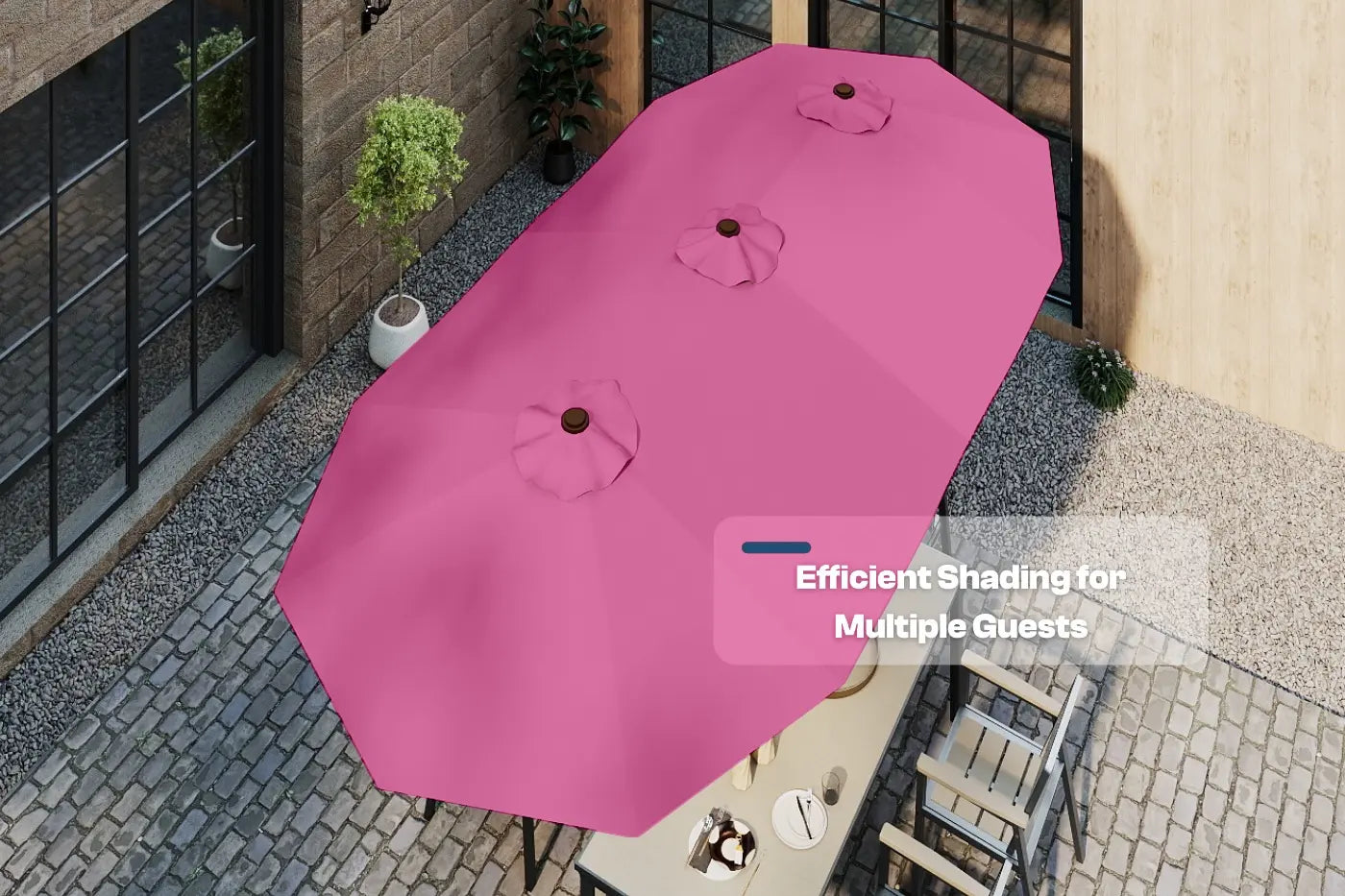 Large pink outdoor umbrella on a patio with text 'Efficient Shading for Multiple Guests'.