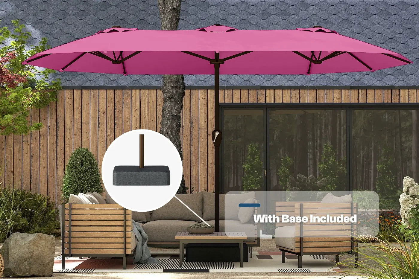 Pink patio umbrella with base included on a patio setting