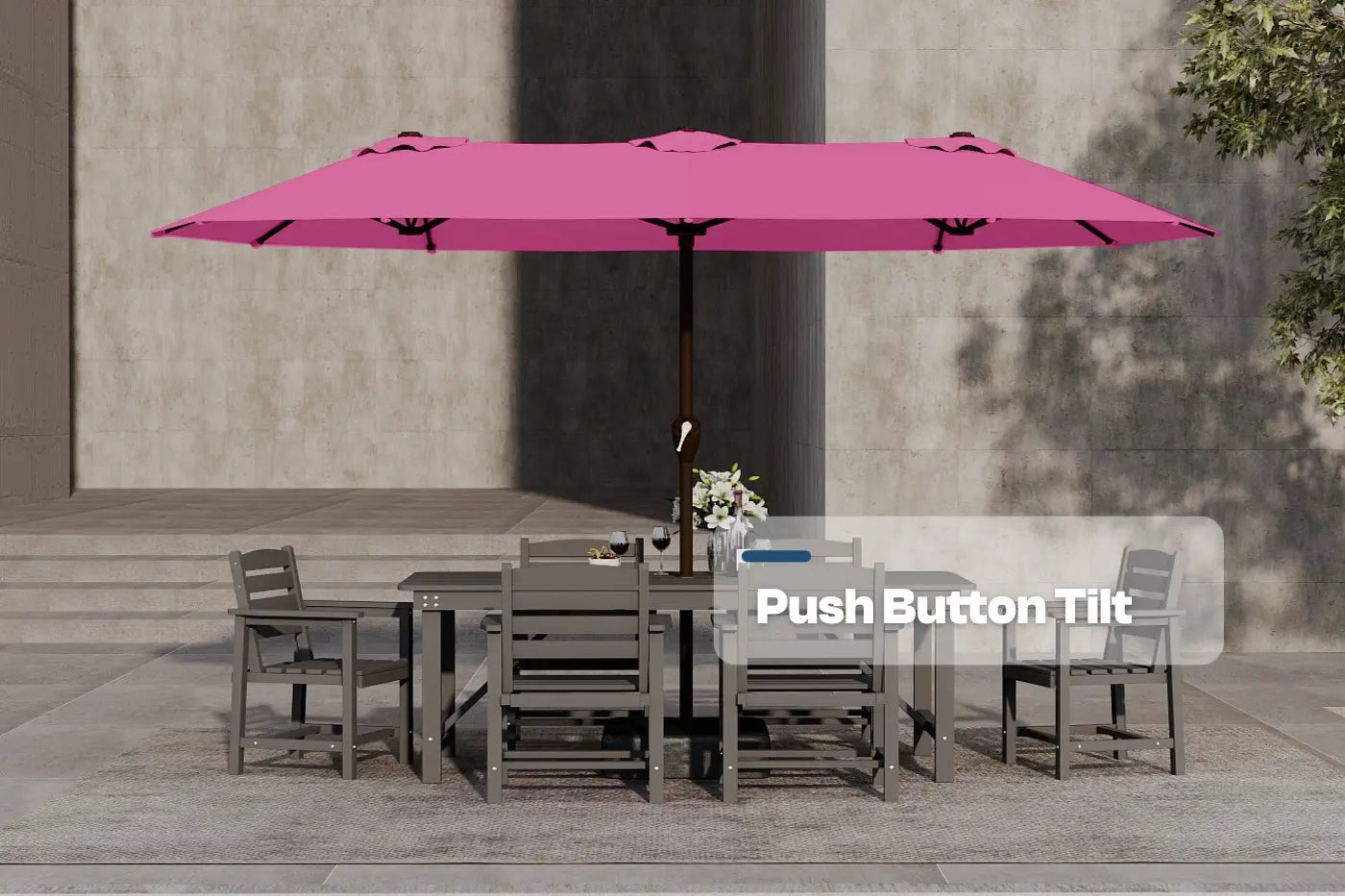 Pink patio umbrella with push button tilt feature over a dining table set.