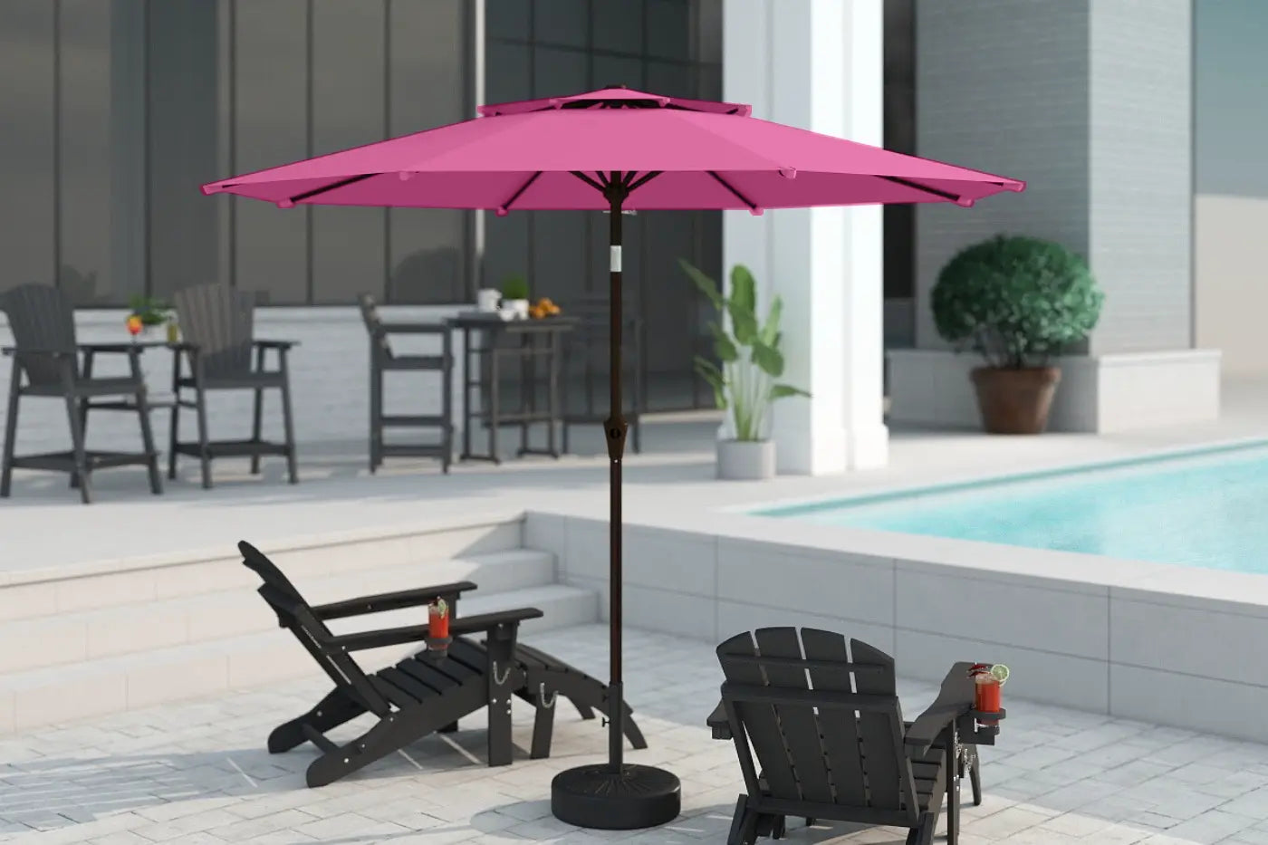 Pink patio umbrella on a stand with lounge chairs and a pool in the background
