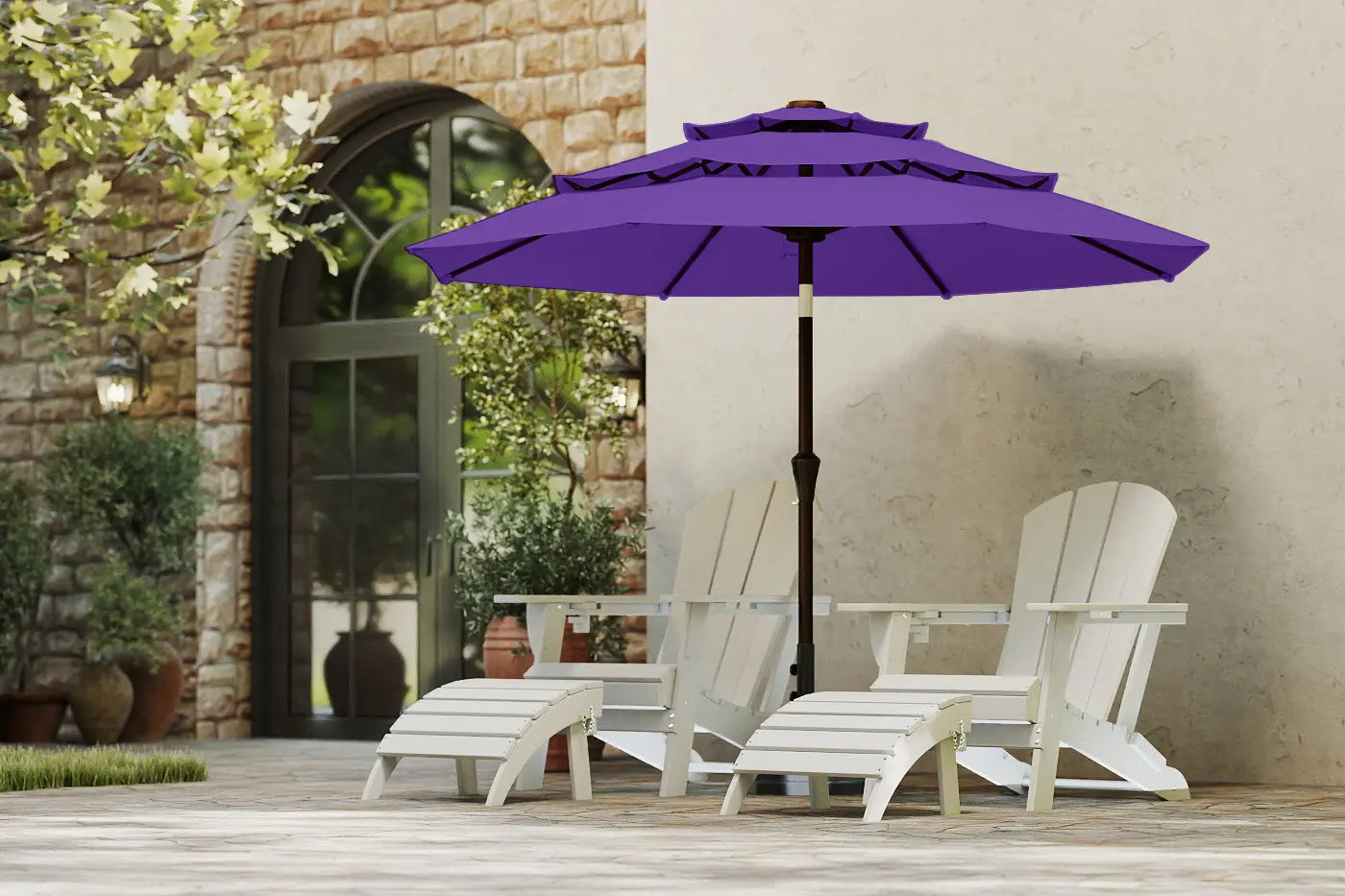 Purple patio umbrella over two white Adirondack chairs on a patio.