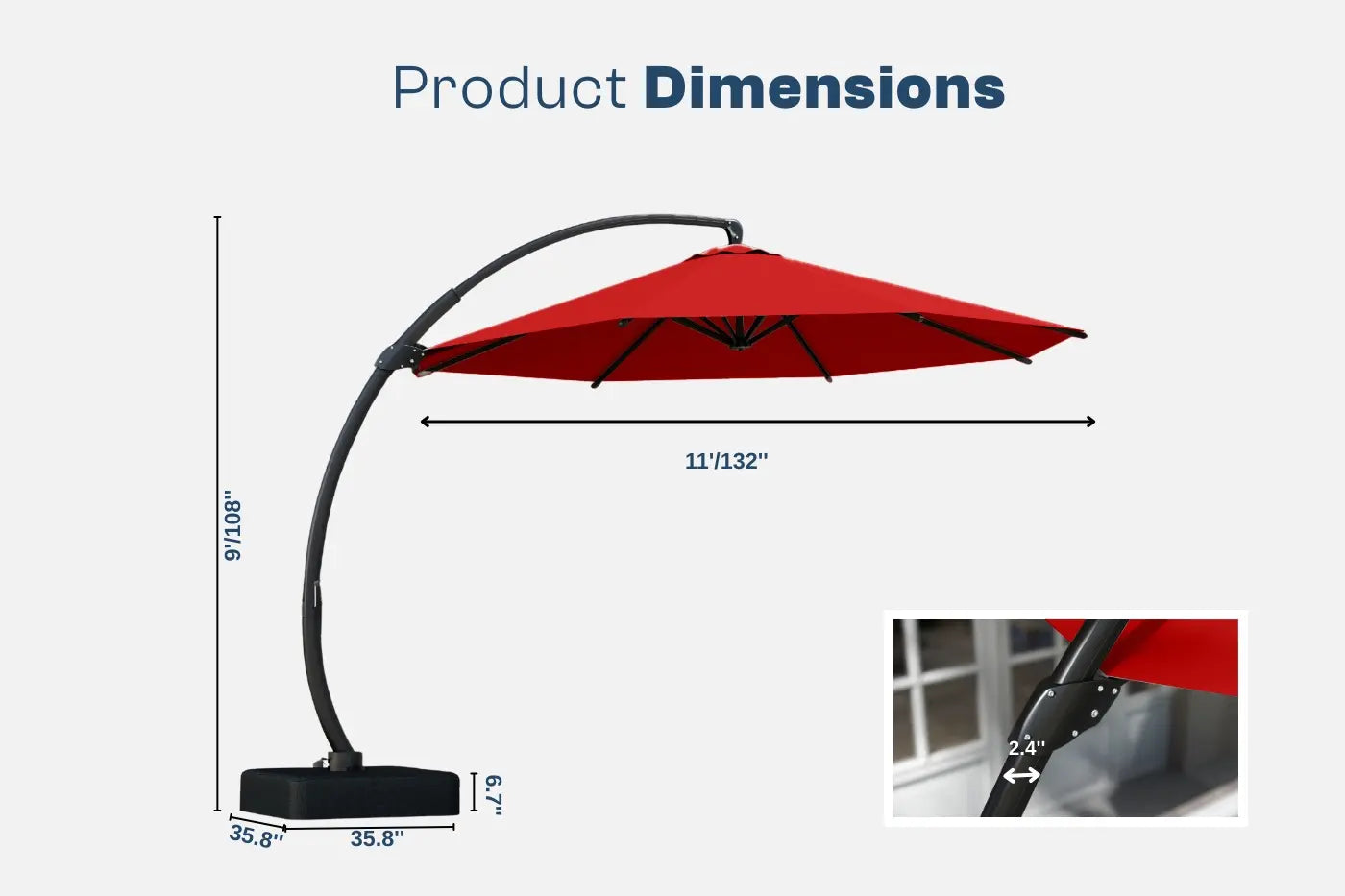Red patio umbrella with dimensions displayed on a white background
