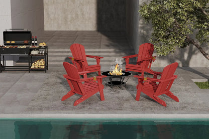 Red Adirondack chairs around a fire pit on a patio next to a pool.