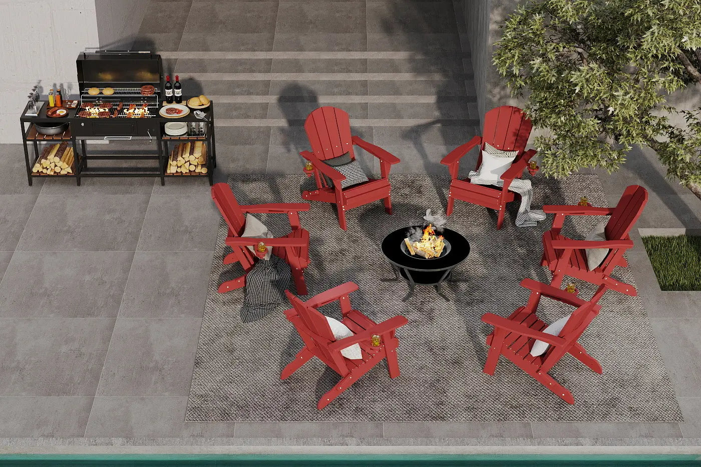 Outdoor patio setup with red Adirondack chairs around a fire pit, grill, and food.