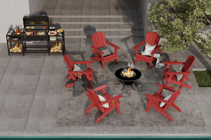 Outdoor patio setup with red Adirondack chairs around a fire pit, grill, and food.