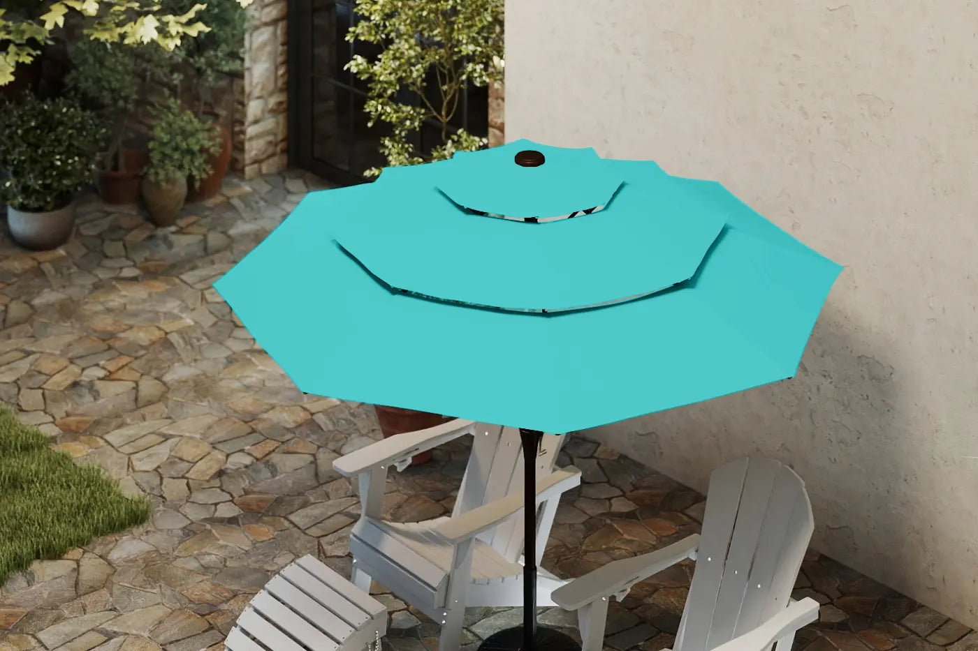 Turquoise patio umbrella on a stand with white chairs in a garden setting.