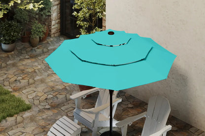 Turquoise patio umbrella on a stand with white chairs in a garden setting.