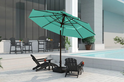 Turquoise patio umbrella on a stand in an outdoor setting with chairs and a pool.