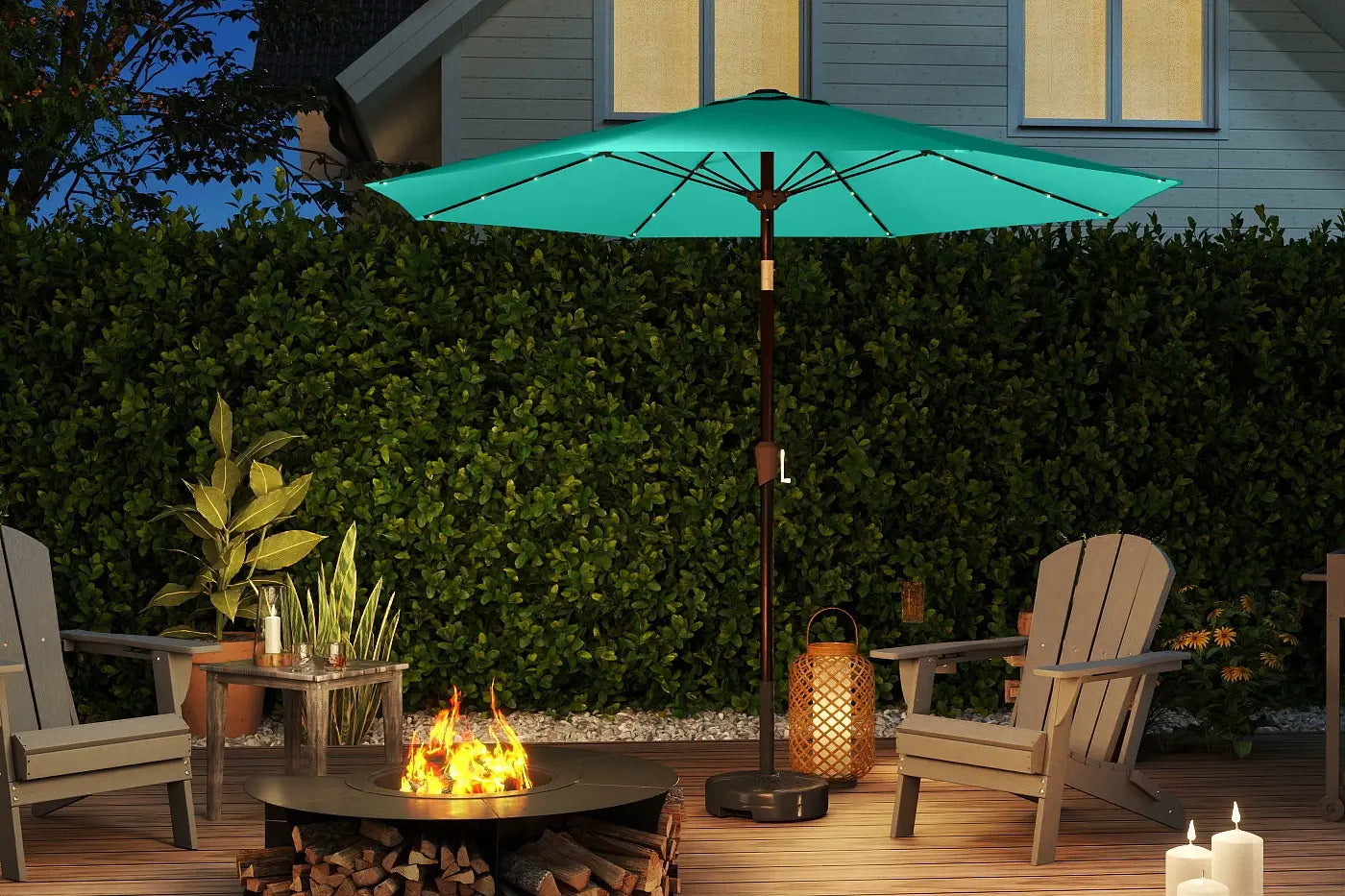 Outdoor patio scene with a teal umbrella, chairs, fire pit, and candles.