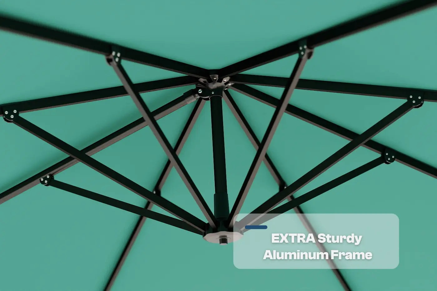 Close-up of an extra sturdy aluminum frame with a teal background