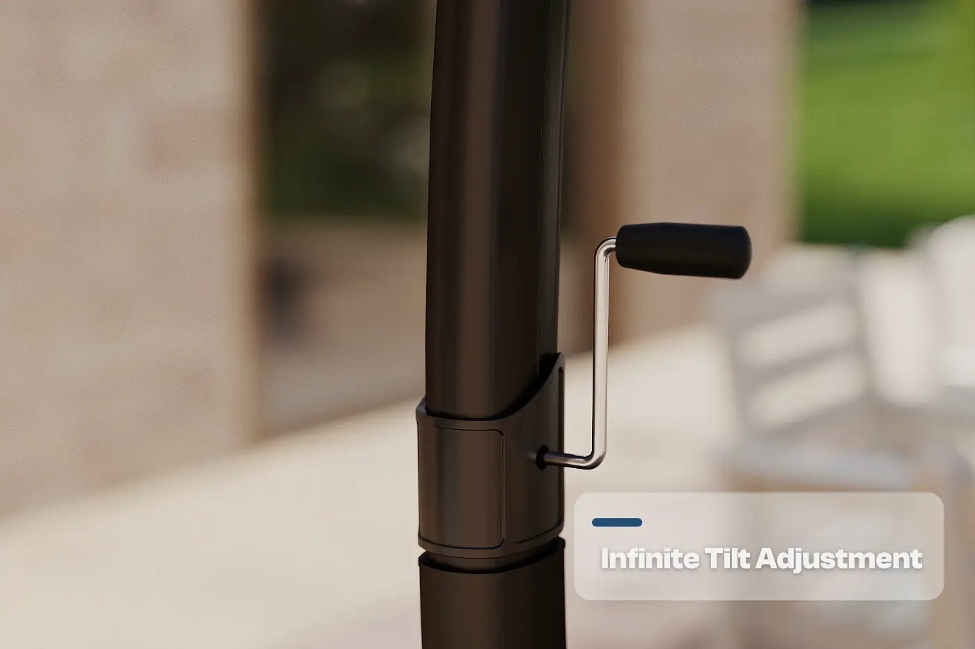 Close-up of a black adjustable stand with infinite tilt adjustment feature, blurred background.