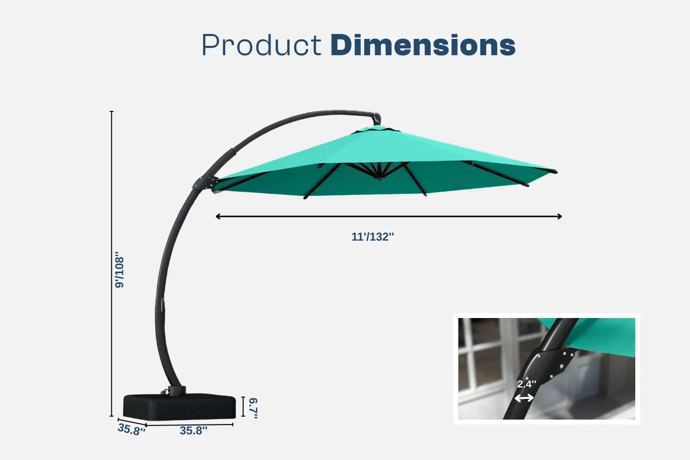Turquoise patio umbrella with dimensions displayed on a white background