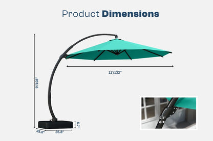 Turquoise patio umbrella with dimensions displayed on a white background