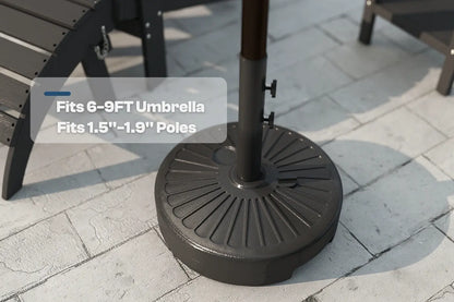 Patio umbrella base on a tiled floor with text indicating size compatibility.