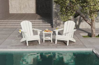 Two white Adirondack chairs by a poolside with a small table and snacks.