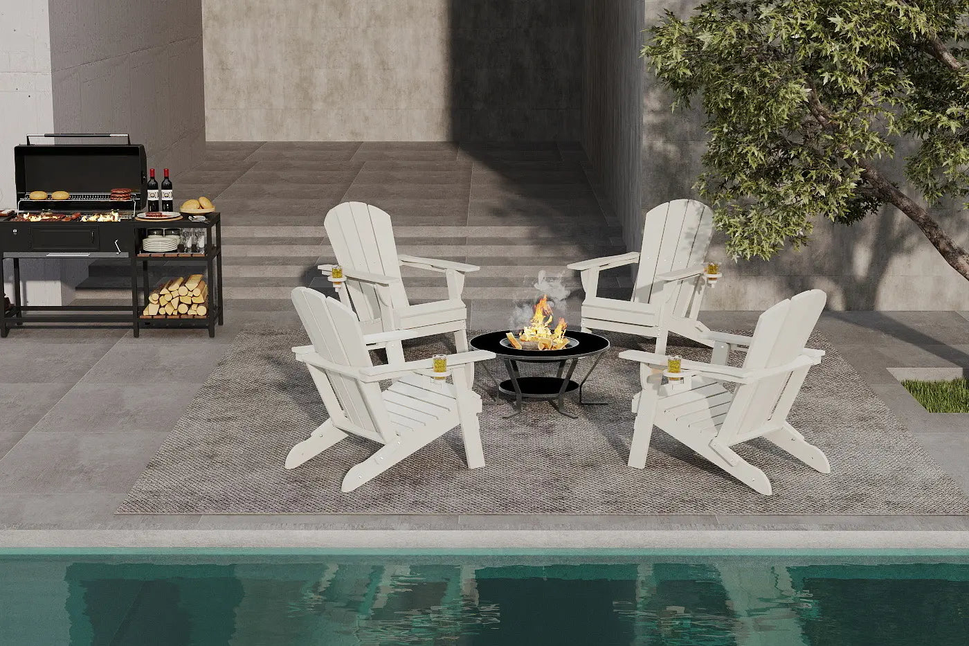 White Adirondack chairs around a fire pit on a patio by a pool