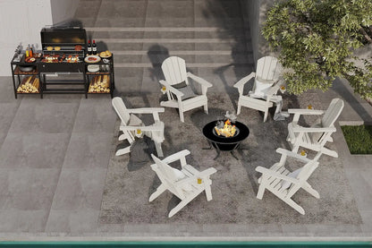 Outdoor patio setup with white Adirondack chairs around a fire pit, grill, and food.
