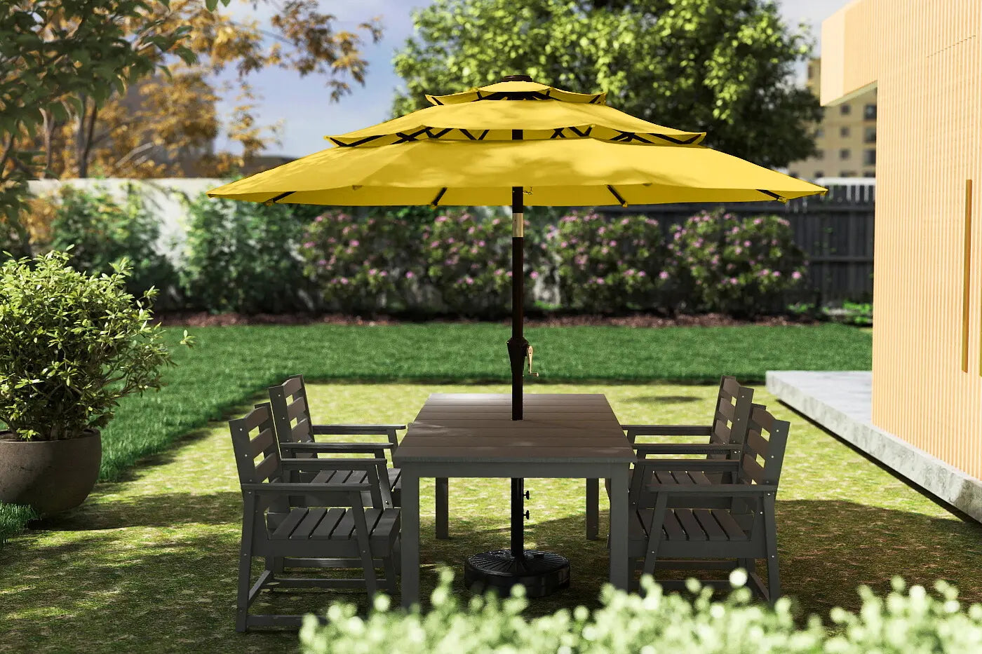 Outdoor patio set with a yellow umbrella and wooden table on a grassy area.