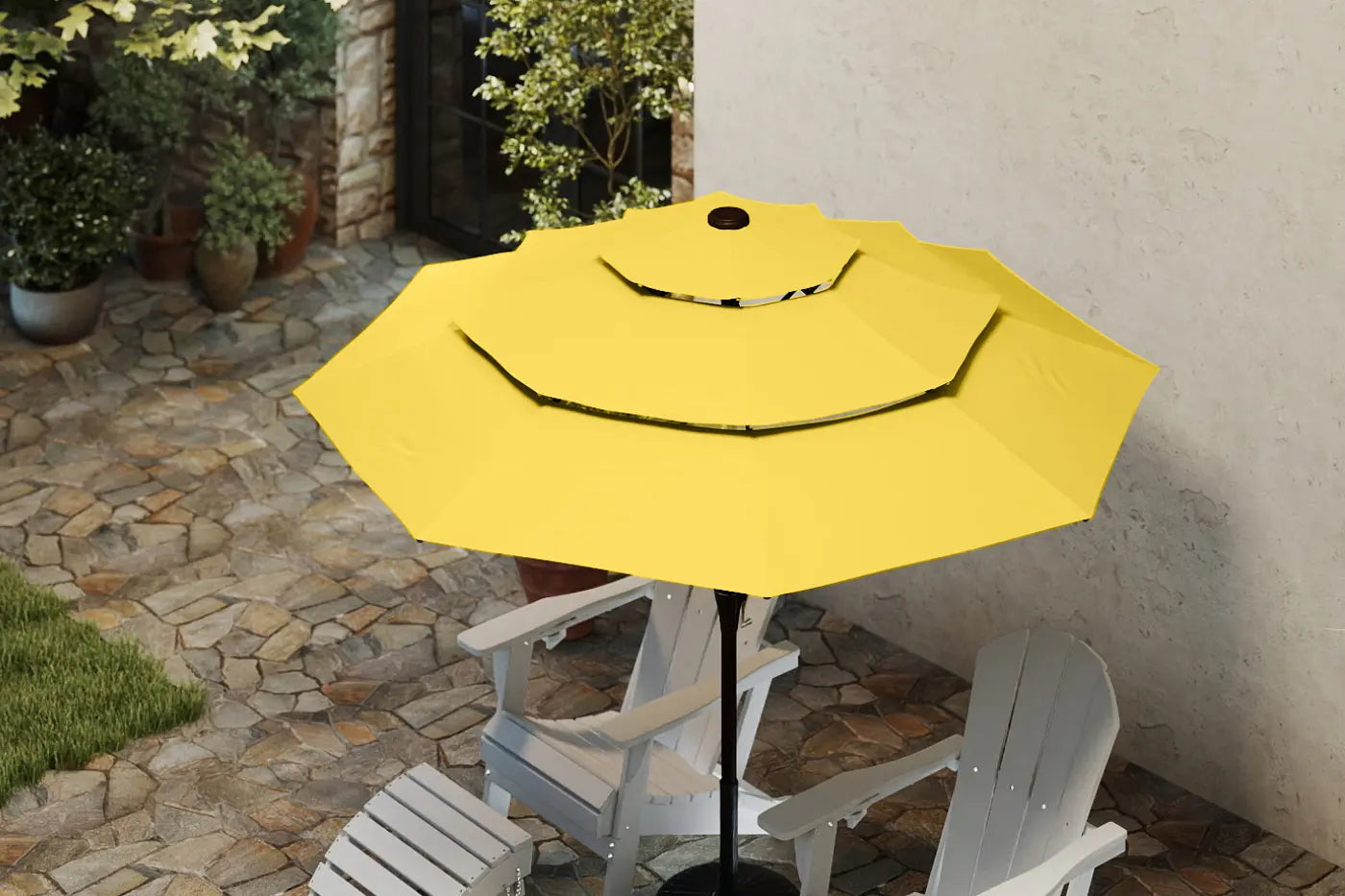 Yellow patio umbrella on a table with chairs in an outdoor setting